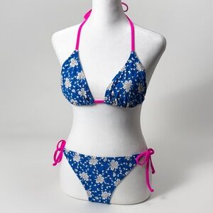 🌺 J.Crew Blue Floral Neon Pink Bikini Swimsuit Size S/M Tie Bottom Retail: $150